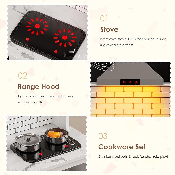 DlandHome Kids Kitchen Playset, Pretend Kitchen Playset with Real Lights & Sounds, Chef Pretend Play Set with Sink Oven Microwave, Ideal Role Play Toy Gift for Toddlers and Kids Ages 3+, White