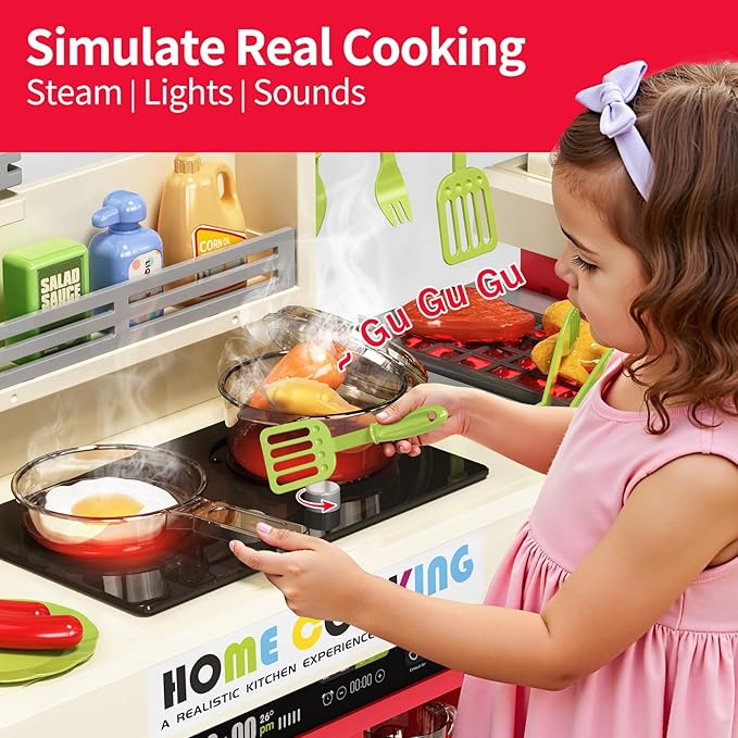 Kids Kitchen Playset, Play Kitchen with Stove, Grill, Sink, Play Food, ToyKitchen Accessories, Cooking Kitchen with Lights Sound Steam, Pretend Play Toys for Kids Toddler