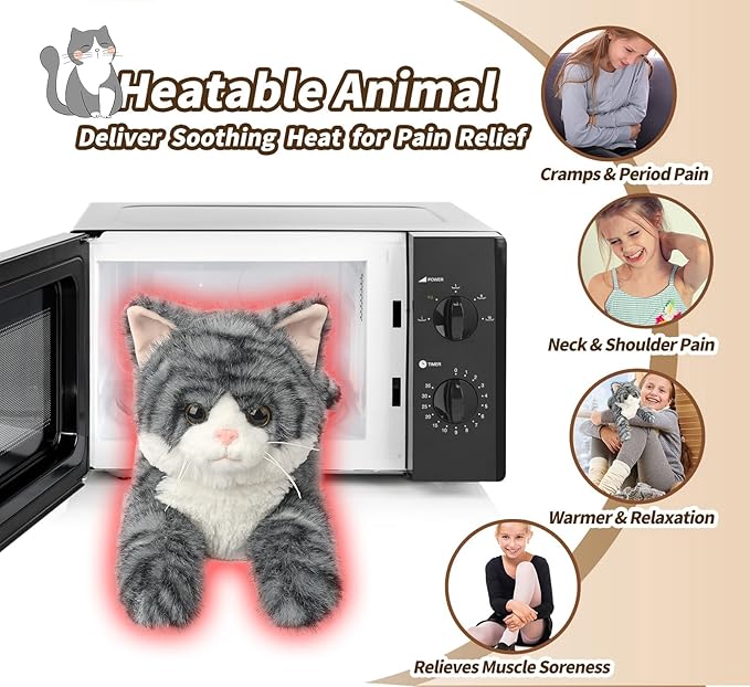 2Pcs Cat Stuffed Animals, Microwavable Stuffed Animal Adorable Fluffy Tabby Cat Plush for Warmth, Heatable Coolable Lavender Scent Cat Plush Toys, Cute Soft Cat Plushies for Kids Adults Girl Boy Gifts