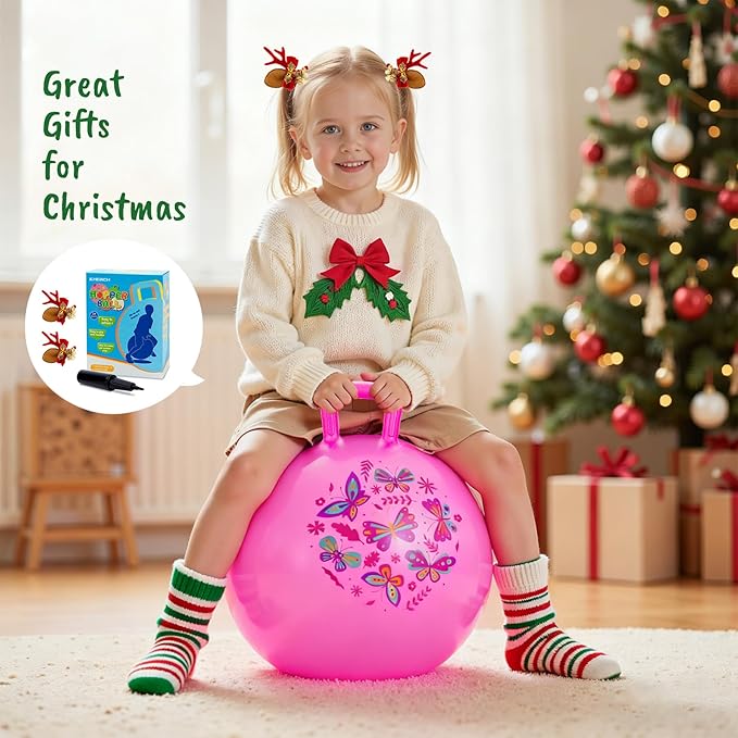 PlayZap Hopper Ball for Kids 6-12,20 Inch Pink Bouncy Ball with Handle, Inflatable Hippity Hop Bounce Hopping Toys Indoor Outdoor for Boys Girls Gifts, Butterfly