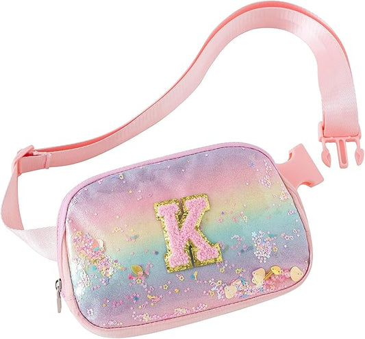 Fanny Pack for Girls,Birthday Easter Gifts,Chenille Initial Letter Girls Crossbody Bag,Preppy Teen Belt Bag for Graduation Travel Gifts,Cute Sequin Trendy Stuff.Pink-K