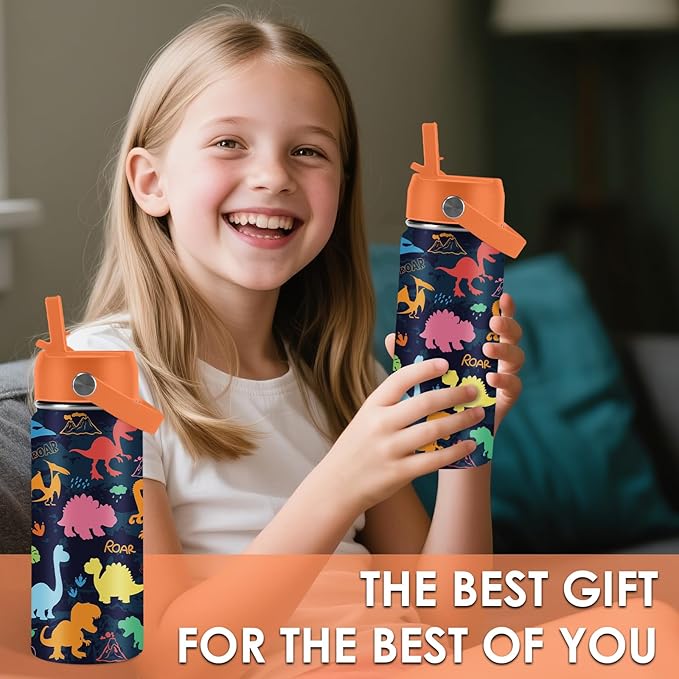 Dinosaur Gifts for Kids - 16oz Colorful Dino Water Bottle with Straw Lid, Stainless Steel Insulated Tumbler, Leakproof, BPA-Free, for Boys & Girls, School, Travel - Dino Lovers Birthday Gift Cup (1pc)