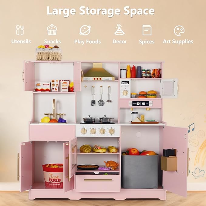 Kinder King Wooden Kids Play Kitchen, Toy Kitchen Playset for Toddler, Play Kitchen Set w/Real Sounds, Pretend Coffee Machine, Kitchen Hood, Sink, Ice Maker, Gift for Boys Girls Age 3+, Pink