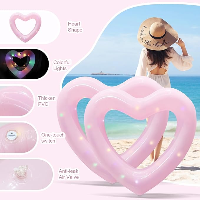 Inflatable Heart Pool Float, Sweet Love Swim Rings Float Loungers Tube for Summer Water Fun Beach Party Toys for Kids, Adults