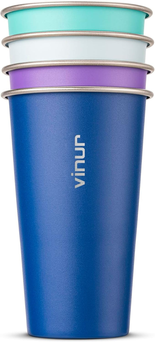 VINUR 4 Pack Stainless Steel Cups 20 oz Pint Tumbler Stackable Metal Drinking Glasses for Travel, Camping, Outdoors (Baby Blue-Navy-Teal-Purple)