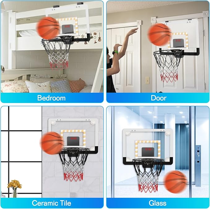 CYFIE LED Basketball Hoop, Suction Cup/Over The Door Basketball Hoop with Sturdy Backboard/Electronic Scoreboard, Sound, 3 Balls, Mini Indoor Basketball Toy Gifts for Kids Teens Boys Girls Youth