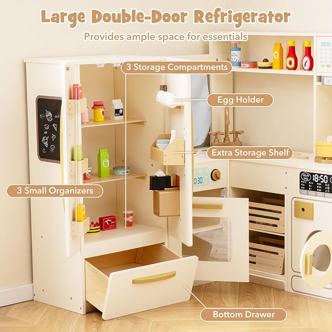 Costzon Corner Kitchen Playset, Kitchen Toy Set w/Real Lights & Sounds, Large Fridge, Ice Maker, Oven, Microwave, Washer, Trash Can & 22 Accessories, Wooden Pretend Play Kitchen for Kids 3+ (Beige)