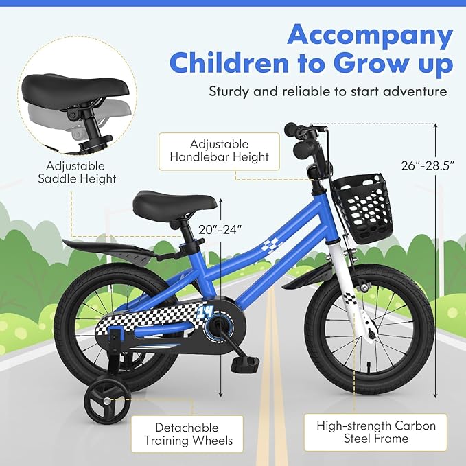 COSTWAY Kids Bike, 12 14 16 18 Inch Toddler Bike for Boys & Girls Aged 3-8 Years Old, Kids Bicycle w/Removable Training Wheels, Handbrake & Coaster Brake, Basket, Bell