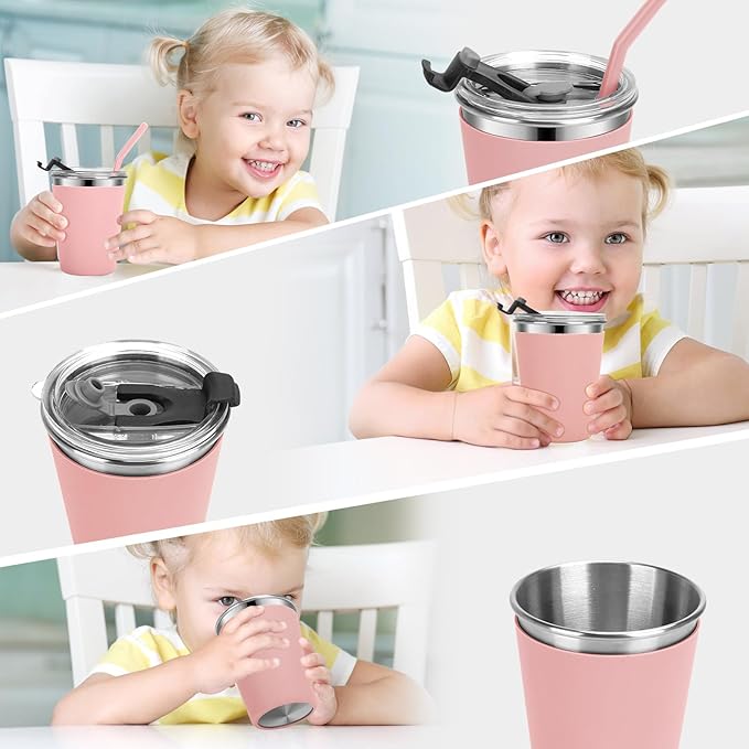 Kids Cups with Straws and Lids Leak Proof, 12oz Sippy Cups for Toddlers 1-3 No Spill, Spill Proof Cup Stainless Steel Kids Cup with Lids for School, Outdoor, 4 Pack