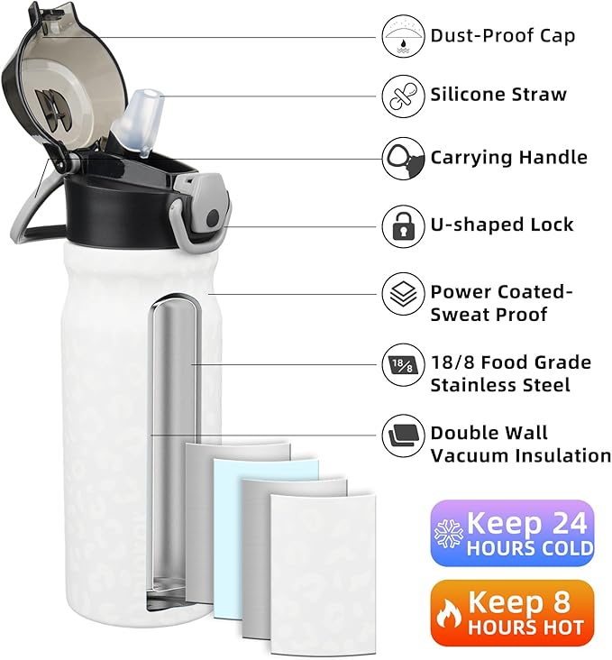 BJPKPK Water Bottle with Straw 18oz Insulated Water Bottles Reusable Stainless Steel Metal Thermal Flask with Leak Proof Lockable Lid and Carry Handle,Cream Leopard