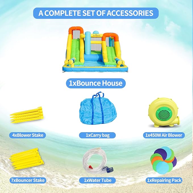 Inflatable Water Slide,Bouncy Castle for Kids Outdoor,7 in 1 Dual Waterslide Bounce House with Water Cannon,Inflatable Water Park with Jump House,Water Slides for Kids Backyard Party