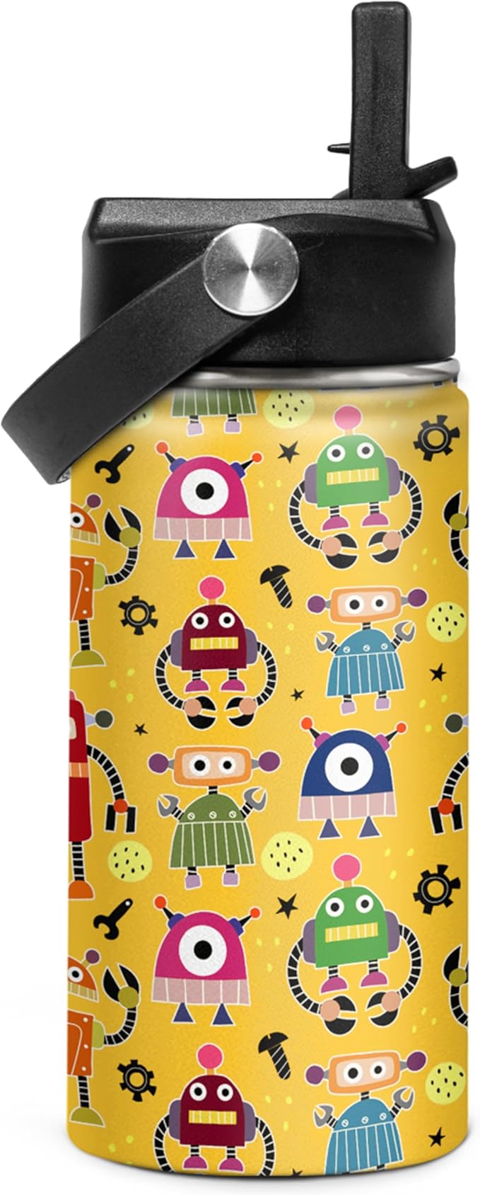 Kids Water Bottle with Straw Robot Insulated Water Bottles 12oz Stainless Steel Travel School Tumbler Double Wall Vacuum Cup for Boys Kid
