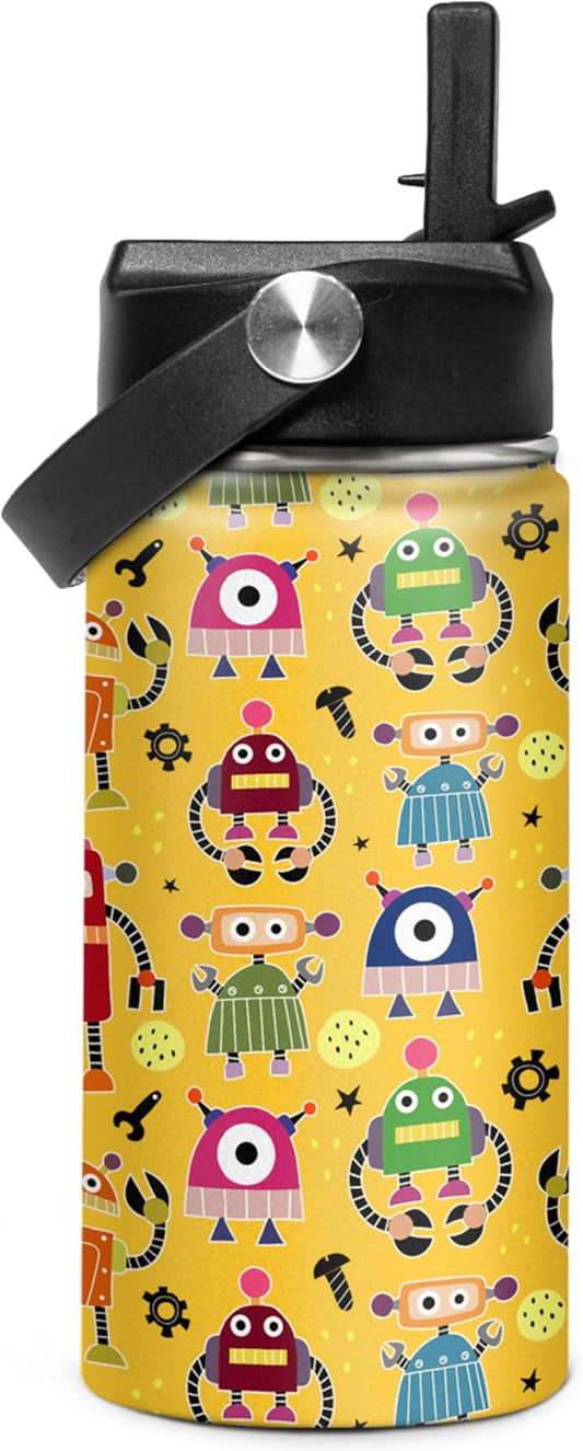 Kids Water Bottle with Straw Robot Insulated Water Bottles 12oz Stainless Steel Travel School Tumbler Double Wall Vacuum Cup for Boys Kid