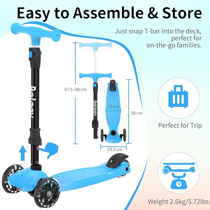 BELEEV Scooters for Kids 3 Wheel Kick Scooter for Toddlers Girls Boys, 4 Adjustable Height, Lean to Steer, Light up Wheels, Extra-Wide Deck, Easy to Assemble for Children Ages 3-12 (Rose Pink)