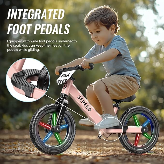 SEREED Toddler Balance Bike 2 Year Old, No Pedal Kids Bicycle Toys for 2-5 Years Old, Tool-Free Adjustment, Customize Plate with Stickers, Gift for 2-3 Boys Girls (Pink Lighting)