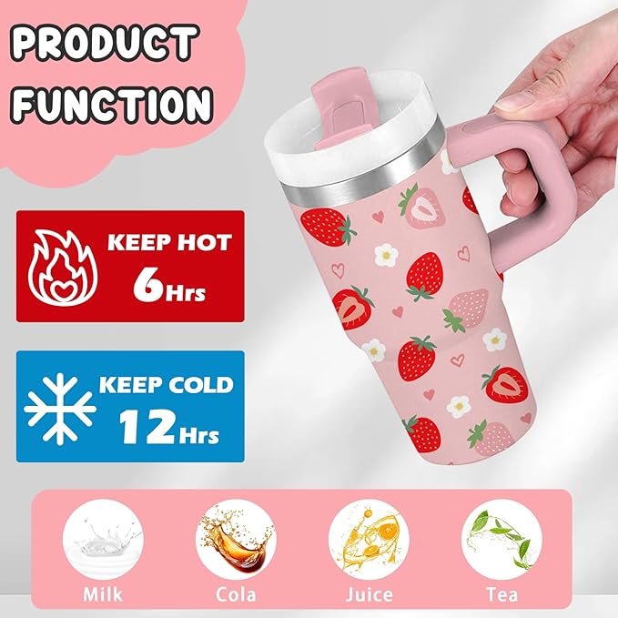 Strawberry Gifts for Girls - 14oz Cute Strawberry Kids Tumbler with Handle and Straw, Stainless Steel Insulated Water Cup, for School, Travel - Strawberries Themed Children Birthday Gifts Cups(1pc)