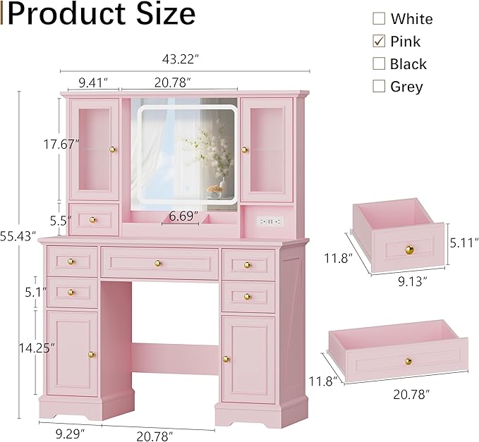 43'' Makeup Vanity with Mirror and Lights, Farmhouse Vanity Desk with Drawers & Charging Station, 3 Lighting Modes & Adjustable Brightness, Glass Cabinet, Dressing Table for Bedroom, Pink