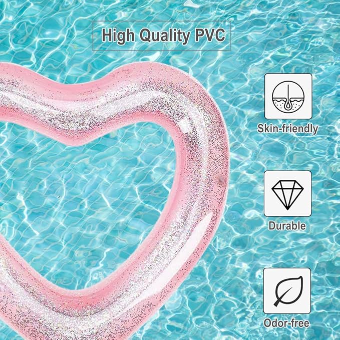 Inflatable Heart Pool Float, Sweet Love Swim Rings Float Loungers Tube for Summer Water Fun Beach Party Toys for Kids, Adults