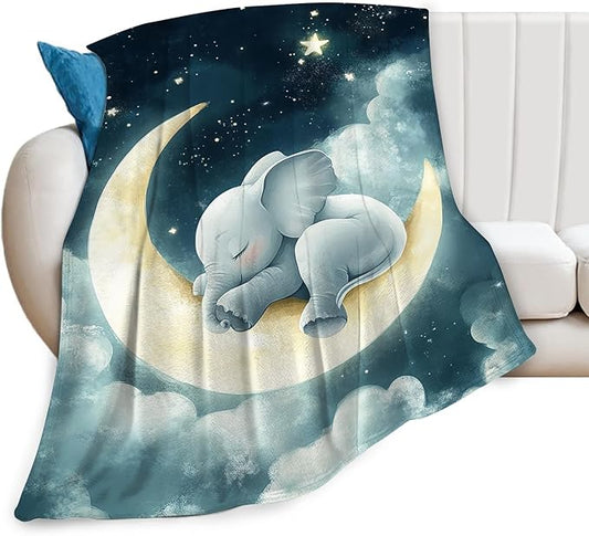 Ultra Soft Cozy Cute Elephant Moon Blanket - Fleece Fuzzy Plush - Lovers Decor Gifts for Women, Girls, Adults - 80"x60"