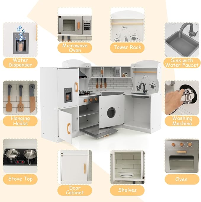 GLACER Corner Kids Kitchen Playset, Wooden Play Kitchen with Washing Machine, Ice Maker, Microwave, Oven, Sink & Facet, Pretend Toy Kitchen Set with Sounds & Lights for Toddler