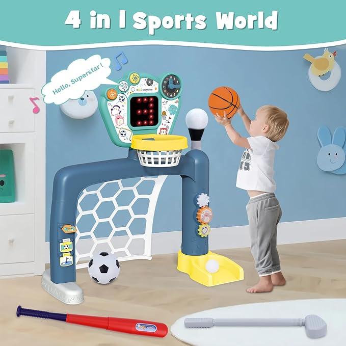 4 in 1 Adjustable Basketball Hoop Soccer Goal for Toddlers 1-3,Kids Sports Toys with Golf Baseball Toy,LED Scoreboard, Music & Educational Games,Indoor & Outdoor Baby Activity Center Age 18+M Boy Girl