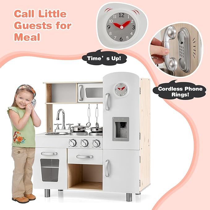 HONEY JOY Kids Kitchen Playset, Wooden Pretend Play Kitchen for Toddlers, Cookware Utensil, Phone, Clock, Water Dispenser, Storage Cabinet, Little Chef Toy Kitchen Set, Gift for Boys Girls 3+, Natural
