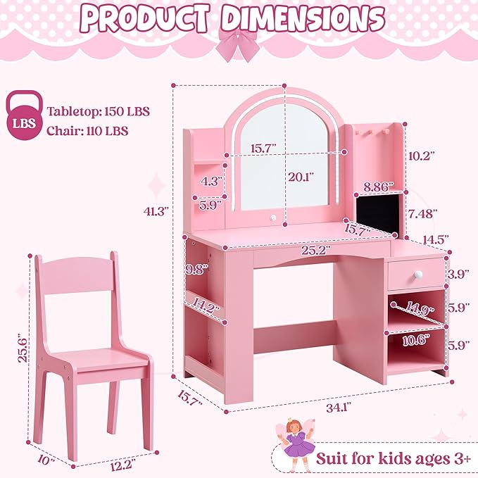 Kids Vanity Set with Lights, 2 in 1 Princess Makeup Vanity Desk with Jewelry Storage, Open Bookshelf, Storage Cabinet & Shelves for Little Girls (Pink)