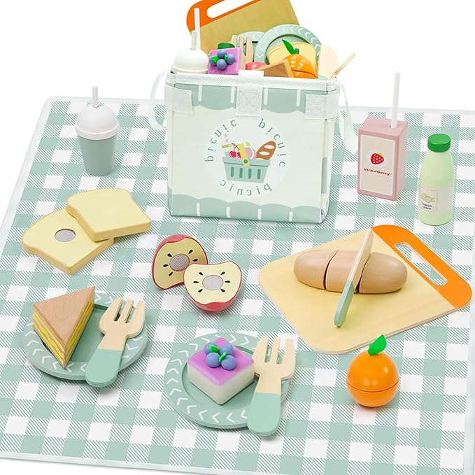 Picnic Playset - Wooden Play Food - Play Food Sets for Kids Kitchen - Pretend Food, Toy Food with Multifunctional Storage Bag, Non-Toxic Toy Picnic Set Best Gift for 3+ Toddlers