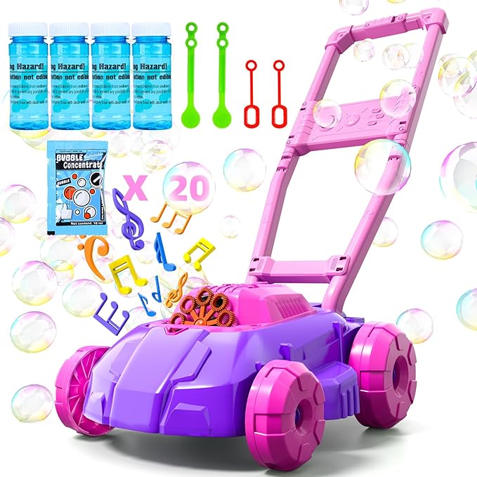 Bennol Pink and Purple Bubble Lawn Mower for Toddlers, Kids Automatic Bubble Blower Maker Machine, Outdoor Gardening Push Toys, Birthday Gifts for Preschool Baby Girls Boys