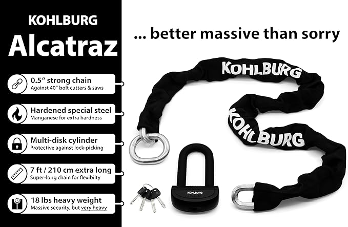 18 lbs Massive Motorcycle Security Chain Lock - 7 ft Long with Our Highest German Security Level 10plus of 10 - Heavy Duty Steel Chain 0.5" as Anti Theft Lock for Motorcycle, Scooter & Ebike