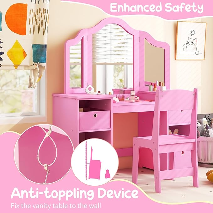 Costzon Kids Vanity, 2 in 1 Princess Makeup Desk & Chair Set with Tri-Folding Mirror, 4 Storage Bins, Wooden Toddler Vanity Dressing Table, Vanity Set for Little Girls (Pink)