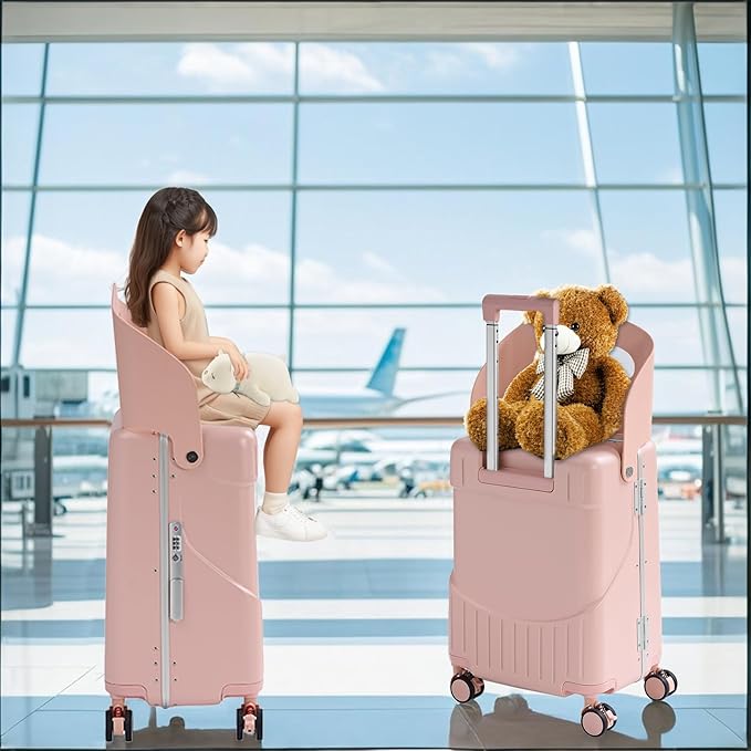 20'' Luggage with Child Seat, Ride On Suitcase with Shockproof Silent Spinner Wheels, TSA Lock, Carry On Luggage with Foldable Backrest, Bag Hook for Kids.