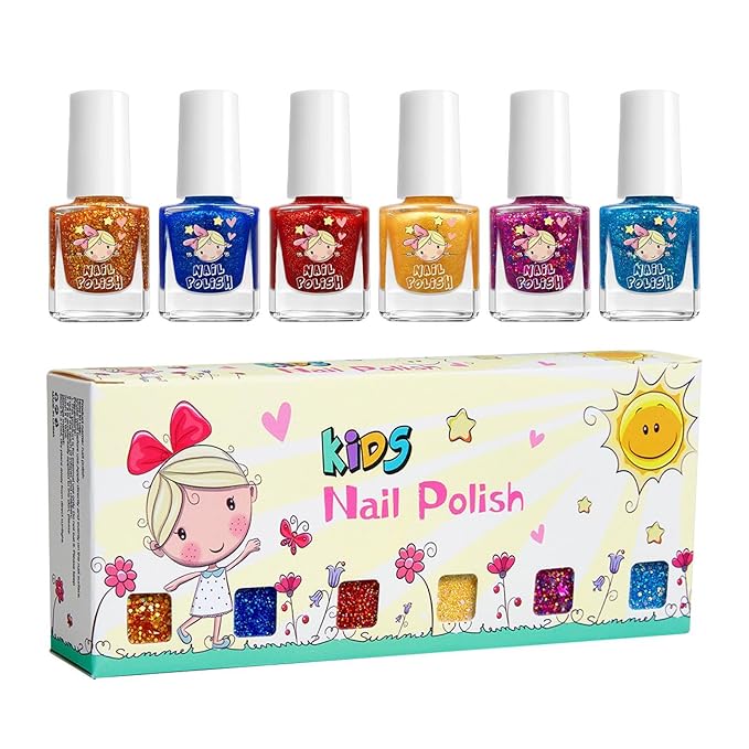 Washable Nail Set - 6-Color Kids Polish, Children Manicure with Odorless Formula, Party Beauty with Quick Dry, Girls Cosmetic Kit, Makeup Gift for Birthday Gathering Daily Use