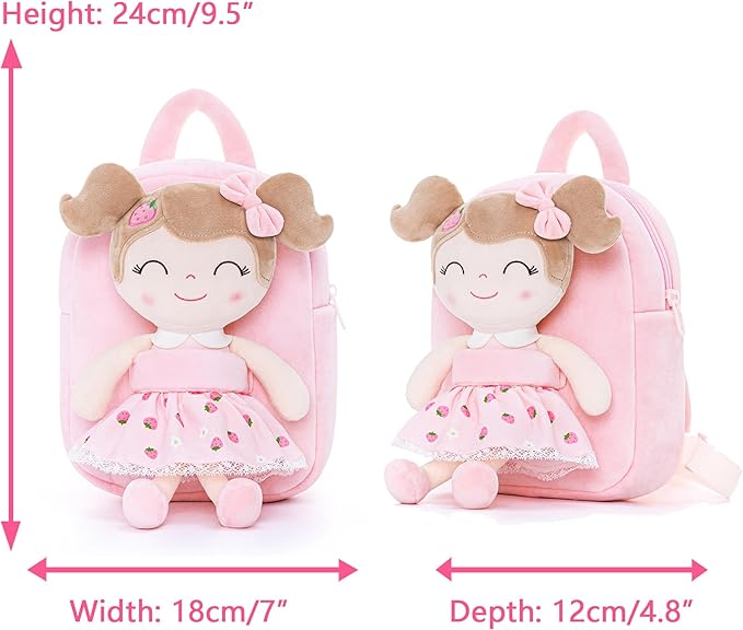 Gloveleya Kids Backpack for Girls backpacks Plush bag with Soft doll for Toddler baby Strawberry 9 Inches