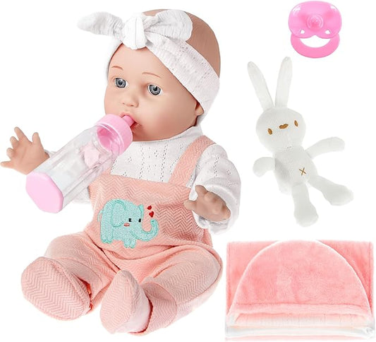 12 inch Baby Doll - Adorable Doll and Accessories Including Romper, Sleeping Bag, Feeding Accessories, Rabbit Plush Toy