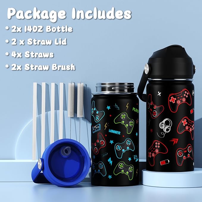 14oz Kids Insulated Water Bottle with Straw Lid - 18/8 Stainless Steel Kid Cup Travel Tumbler Double Wall Vacuum Leak Proof Portable Toddler Water Bottle (Game Blue+Red）
