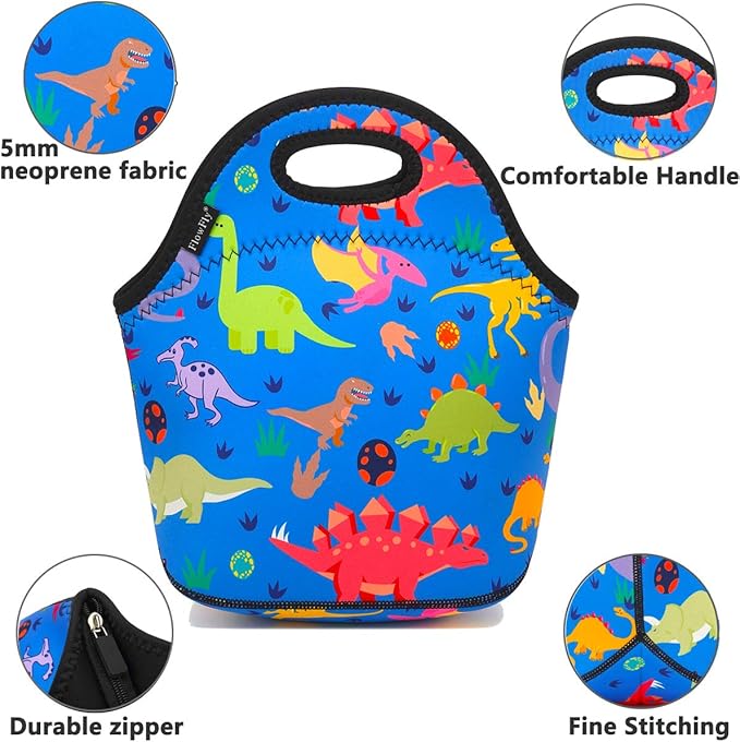 FlowFly Neoprene Kids Lunch box Insulated Soft Bag Mini Cooler Thermal Meal Tote Kit for Boys, Girls,Men,Women,School,Work, Office, Dinosaur