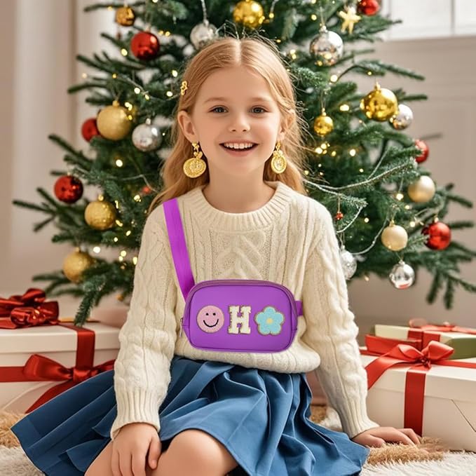 Fanny Pack for Girls Purple Kid Crossbody Bag Chenille H Letter Preppy Belt Bag, Christmas Birthday Easter Gifts for Teen Daughter Sister, Personalized Nylon Purse for 4 5 6 7 8 9 10 Year Old Girls