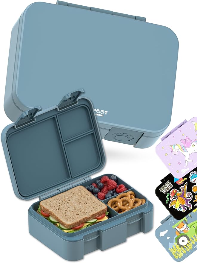 BEARFOOT Kids Lunch Box with Compartments – Compact & Lightweight | Leak-Proof, BPA-Free, Dishwasher & Microwave Safe | Hand-Drawn Design for Preschool, School, Travel (Blue, 2.75 Cups)