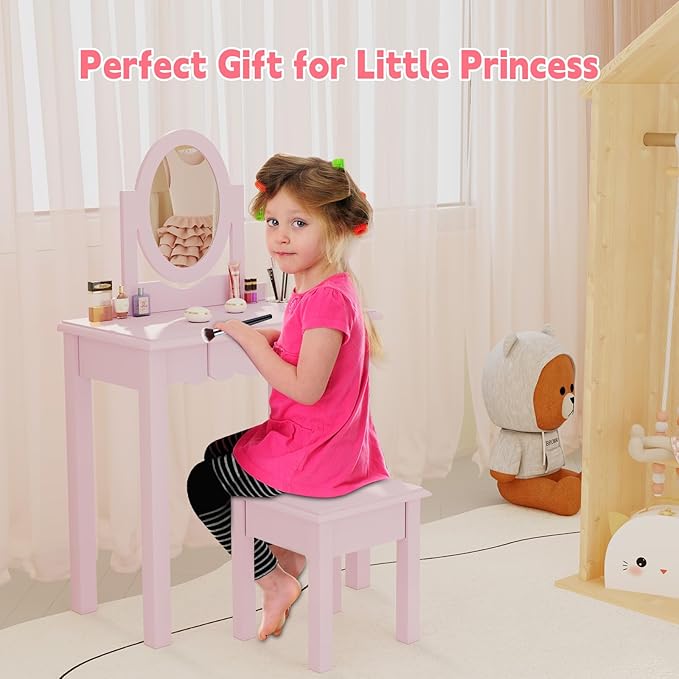 HLR Kids Vanity, Girls Vanity Set with Mirror and Stool, Wooden 2 in 1 Princess Makeup Desk Dressing Table with Detachable Top, Toddler Vanity Dresser Set with Drawer for Little Girls, Pink