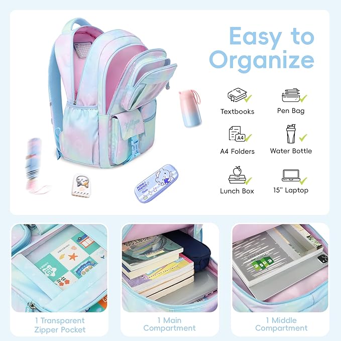 Tanou Backpack with Lunch Box for Girls, Kawaii Set School Bag for Kid Elementary Middle School, Aesthetic Laptop Bookbag Lightweight, Blue