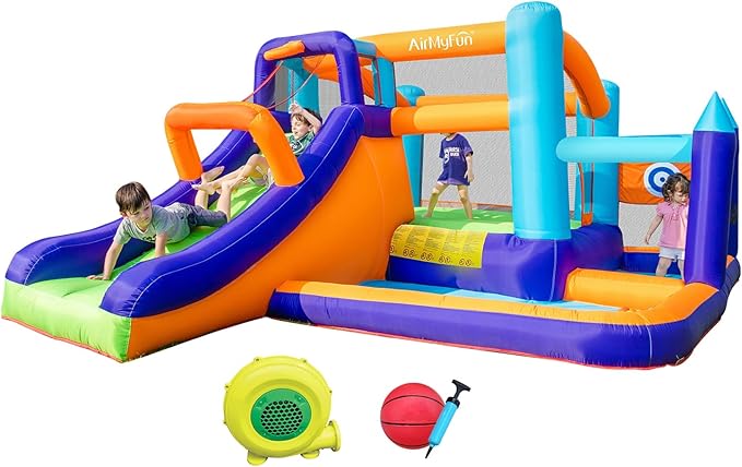 AirMyFun Inflatable Water Slide Bounce House with Long Curved Slide for Kids with Blower, Family Backyard Bouncy Castle with Fun Doorway Tunnel, Climbing Wall and Ball Shooting (High End)