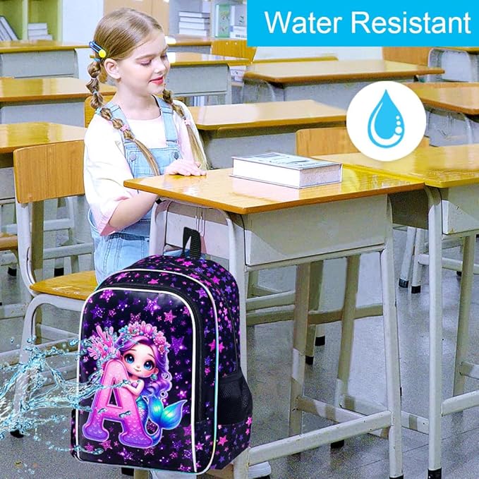 CCJPX 16" Mermaid Backpack for Girls, 3Pcs Kids Bookbag with Lunch Box, Water Resistant Elementary School Bag for Kindergarten Preschool Toddler (Black)