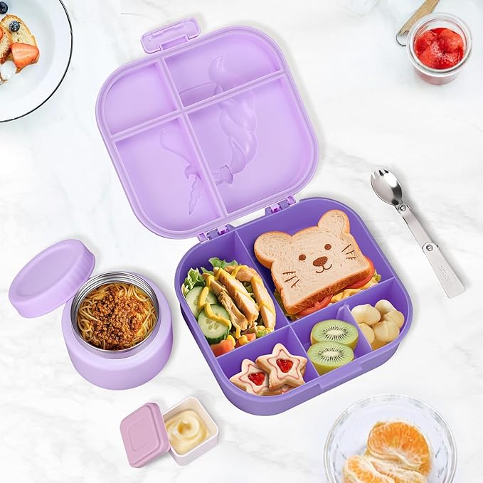 Kids Lunch Box Set -12oz Insulated Food Jar, Thermal Bag,Leakproof Lunch Food Containers Cutlery (BPA Free)-Gift for Girls/Boys Age 3-10 (Purple+Purple Jar)