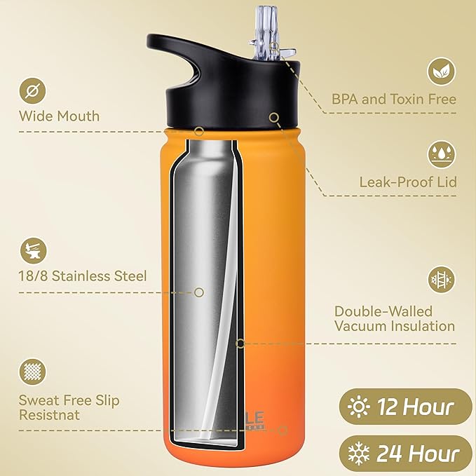 HASLE OUTFITTERS Insulated Water Bottle Kids 16 oz Double Wall Vacuum Stainless Steel Water Bottle Leak Proof for School Wide Mouth with Straw Lid Spout Lid Keeps Cold and Hot(Yellow and Orange,1pack)