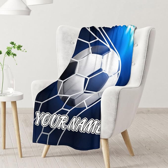 Personalized Soccer Blanket for Boys and Girls - 30x40 Inches Lap Size - Soft Fuzzy Cozy Throws Gift for Soccer Team - Blue Sports Throw Blanket for Couch, Living Room & Office