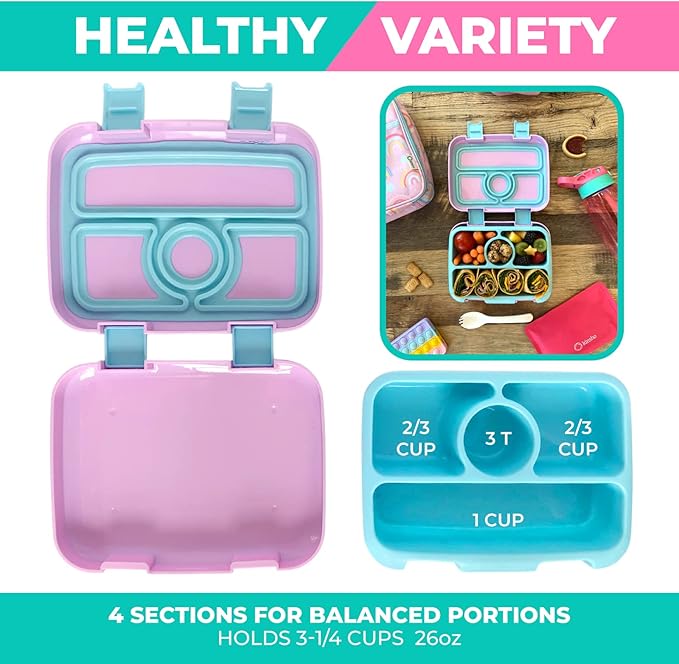 Bento Lunch Box with Insulated Bag, Water Bottle & Ice Pack Set for Kids Toddlers, 4 Portion Sections, Removable Tray, Pre-School Girl Kid Toddler Daycare Lunches, Snack Container, Purple Rainbow