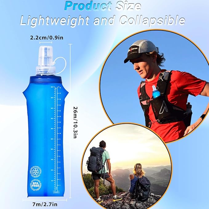 2 Packs Soft Flask, 17oz/500ml TPU Collapsible Soft Water Bottle for Hydration Pack, Running Vest, BPA-Free Folding Water Bottles for Hiking Cycling Climbing Running Outdoor Sports