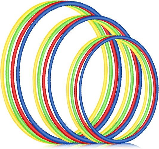 Syhood 12 Pcs Toy Color Hoop Plastic Detachable Adjustable Hoop Light Weight Exercise Fitness Equipment Toy Waist Ring for Adult Party, 3 Sizes(Green, Pink, Yellow, Dark Blue)