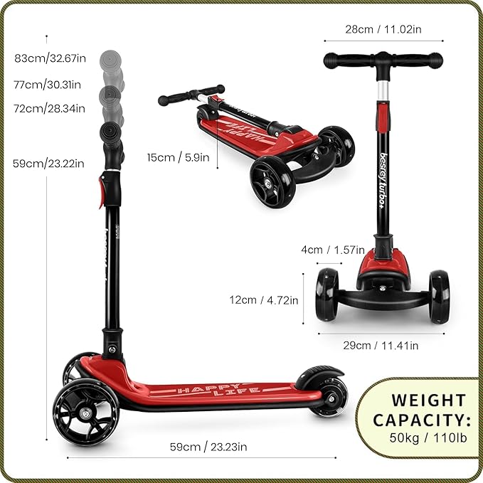 Besrey Kick Scooter for Kids Ages 3-10, 3-Wheel Folding Scooter with Adjustable Height, LED Light Wheels, Extra Wide Deck for Outdoor Activities